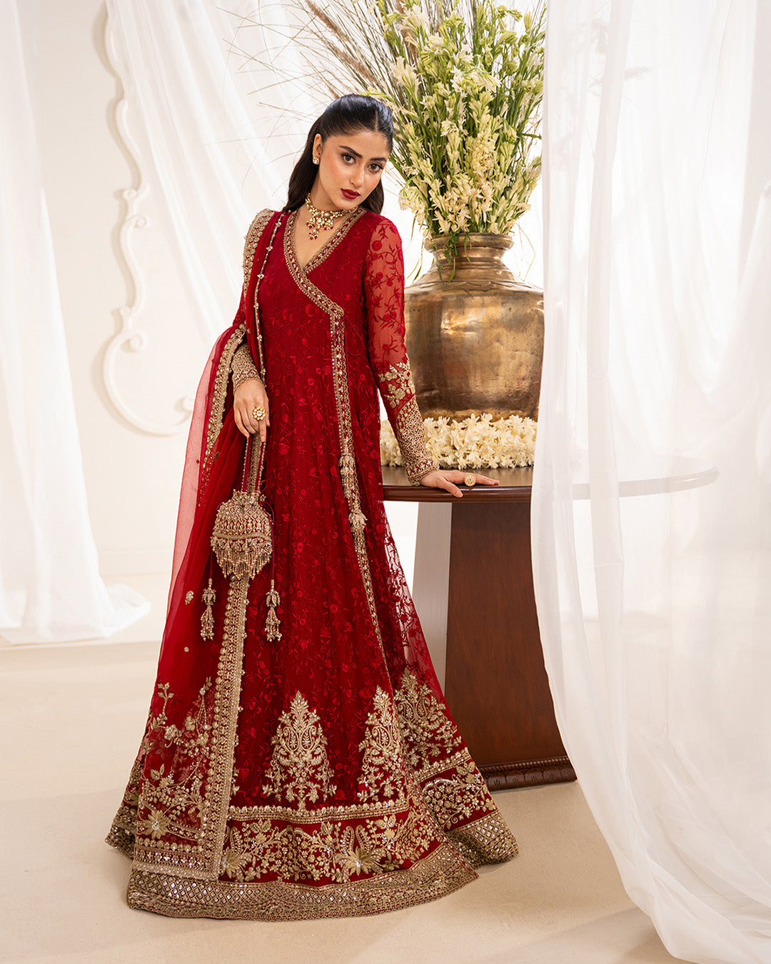 Model Wearing Faiza Saqlain Gul Scarlet Shirt with Churidar for wedding wear - Pakistani Designer Wear for Women in UK | Kifat