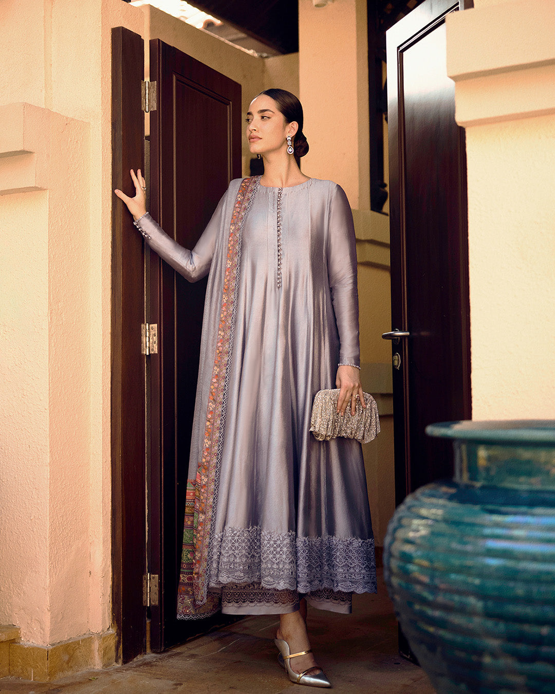Model Wearing Faiza Saqlain Mersera Mauve Grey Kalidaar with Culottes for Ladies wear - Pakistani Designer Wear for Women in UK | Kifat