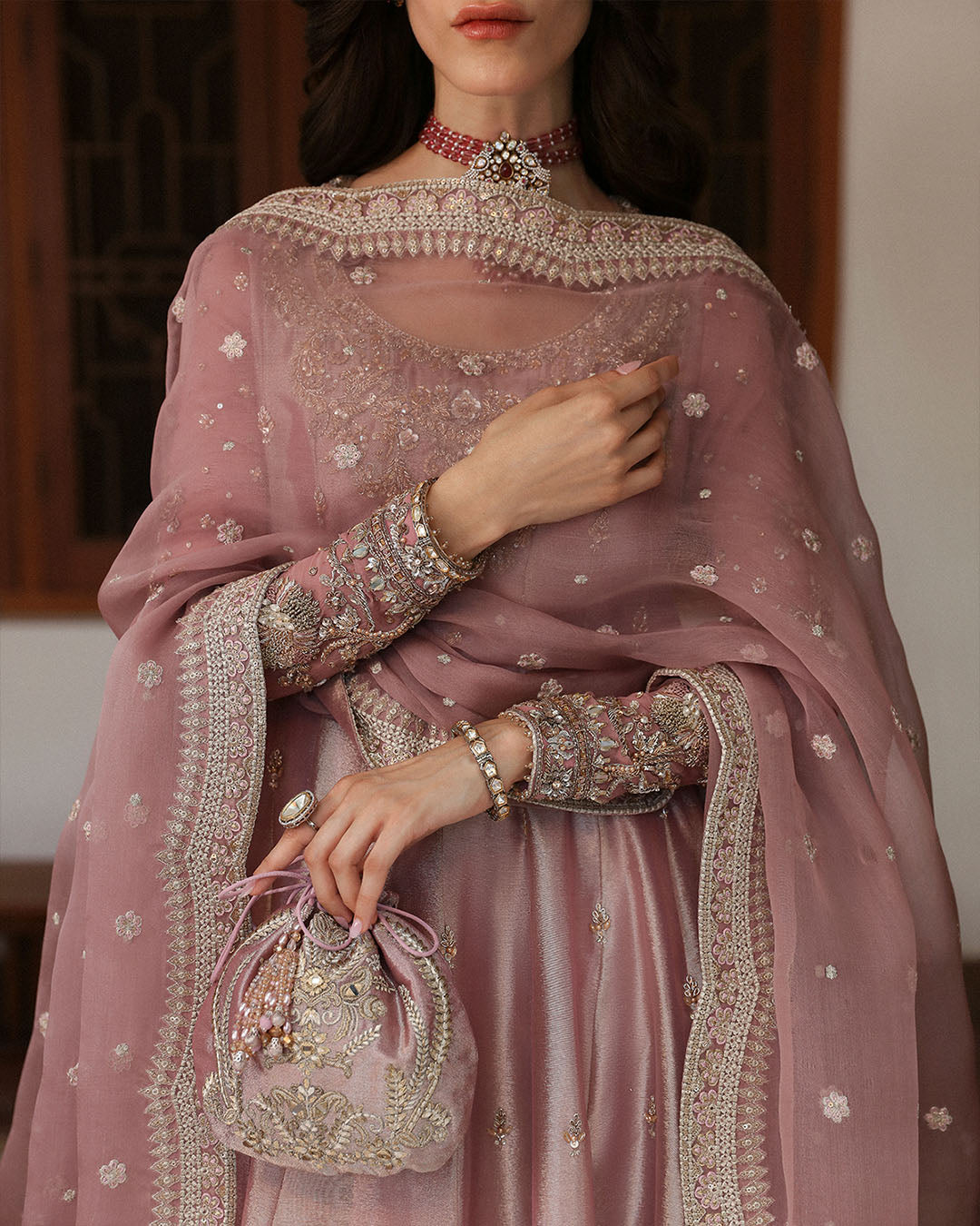 Model Wearing Faiza Saqlain Halina Seashell Pink Pishwas with Churidaar for wedding wear - Pakistani Designer Wear for Women in UK | Kifat