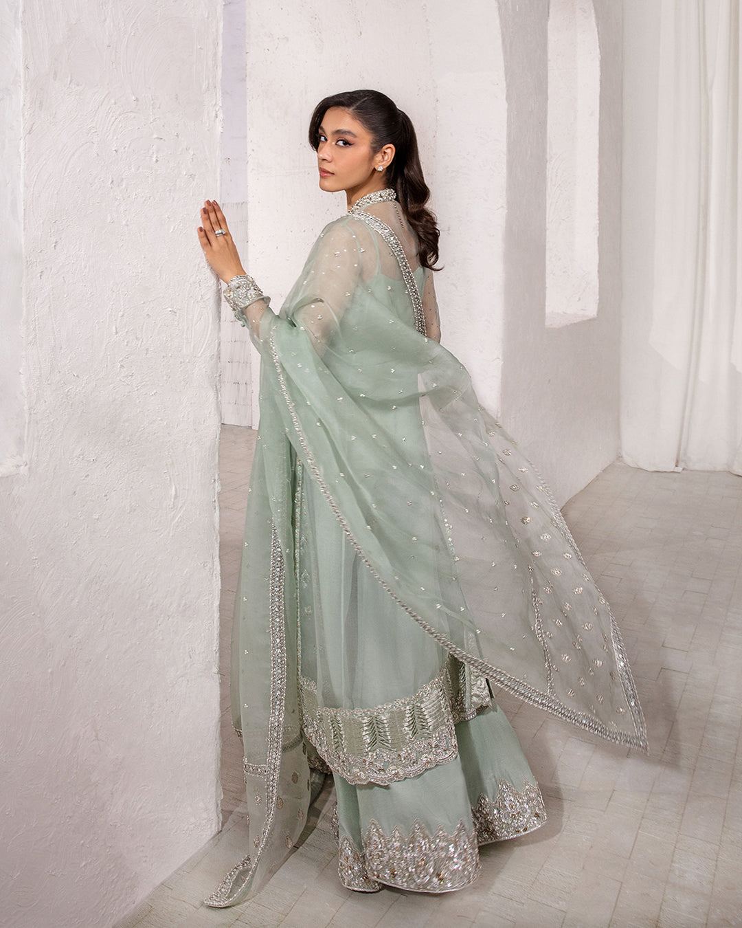 Model Wearing Faiza Saqlain Marvela Ice Blue Shirt with Flared Pants for formal events wear - Pakistani Designer Wear for Women in UK | Kifat