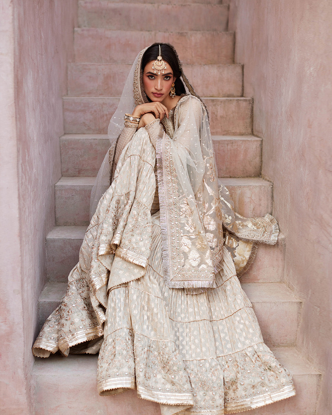 Model Wearing Faiza Saqlain Kaia Off-White Shirt with Gharara for wedding wear - Pakistani Designer Wear for Women in UK | Kifat