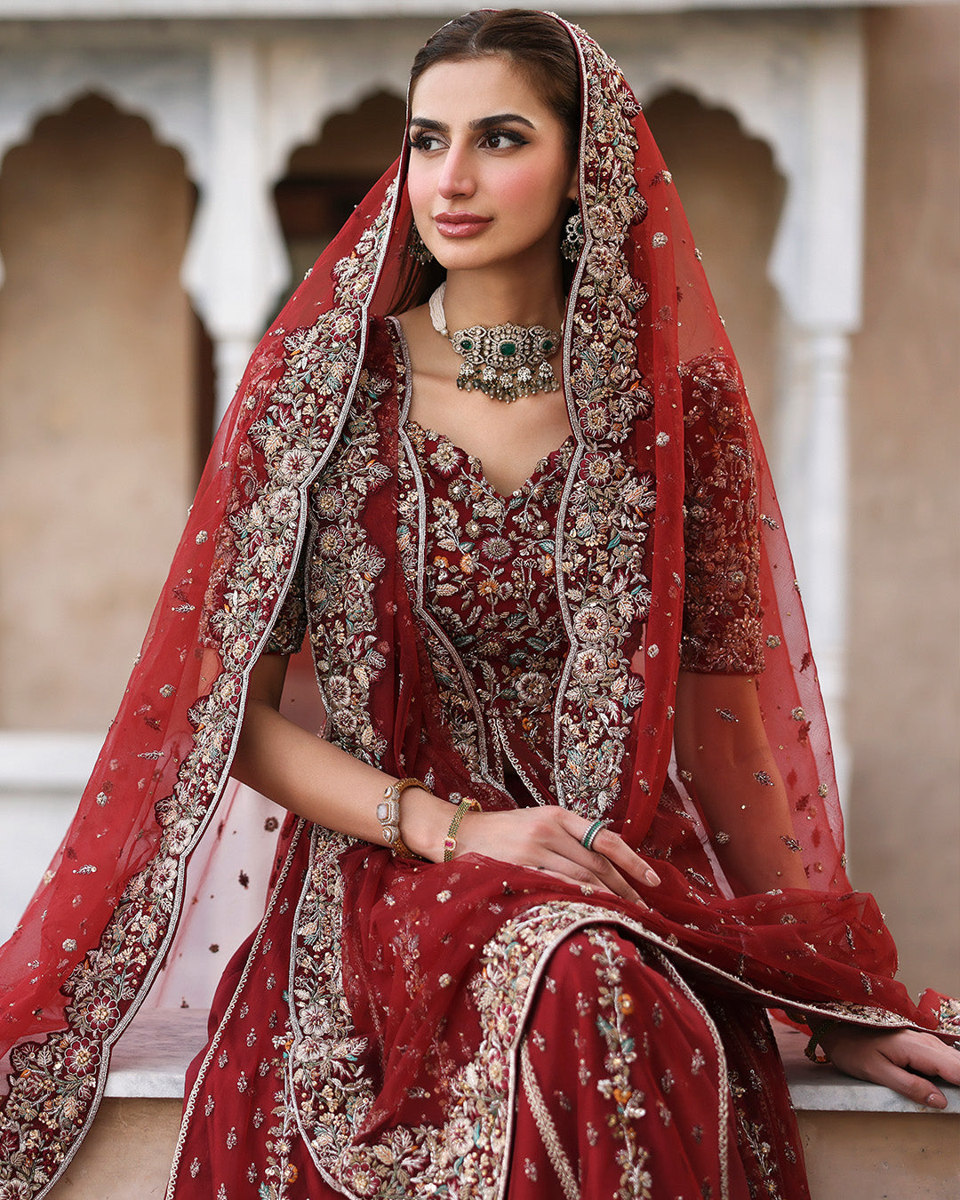 Model Wearing Faiza Saqlain Zelia Red Kalidaar for wedding wear - Pakistani Designer Wear for Women in UK | Kifat