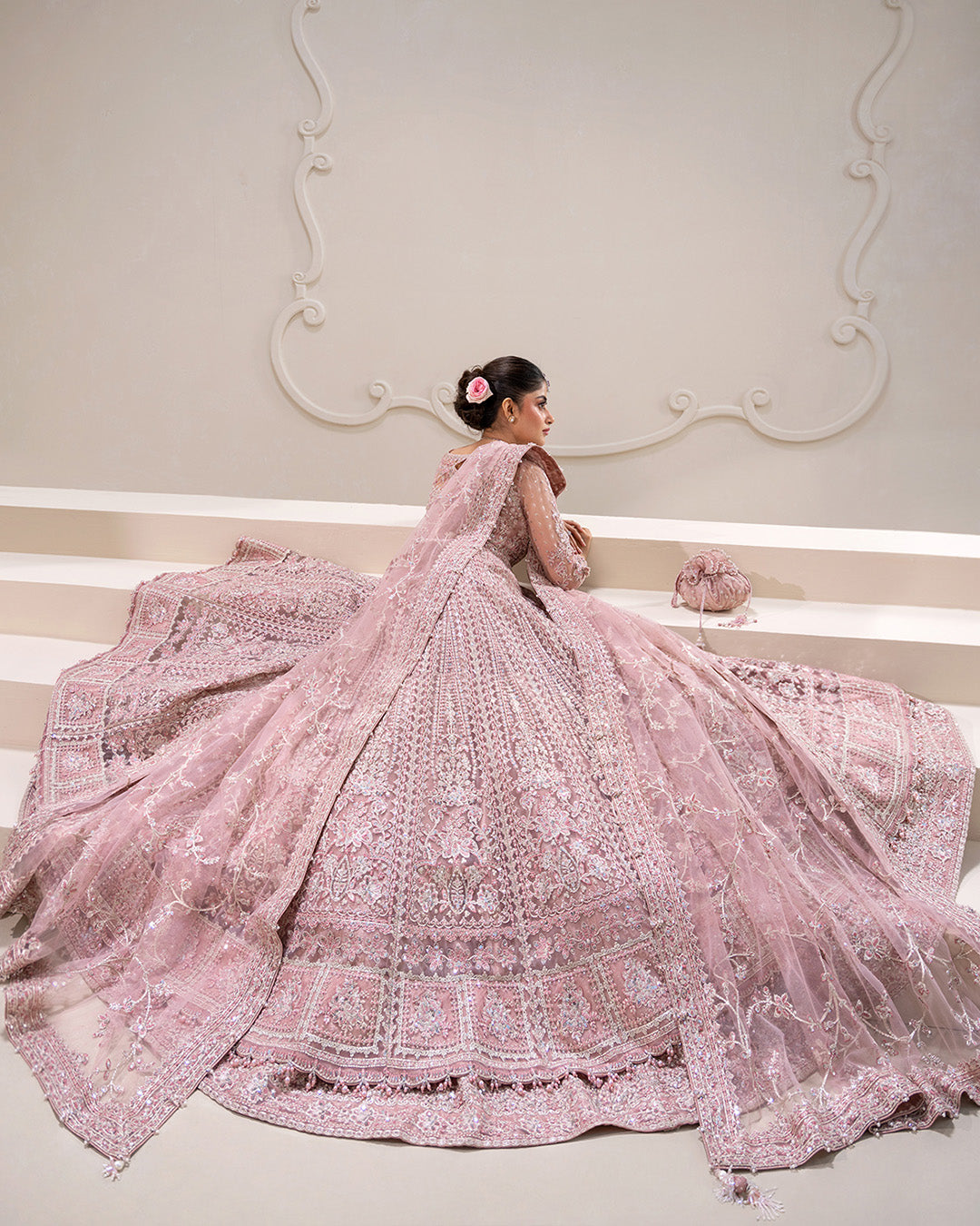 Model Wearing Faiza Saqlain Leyan Dusty Pink Shirt with Lehnga for wedding wear - Pakistani Designer Wear for Women in UK | Kifat