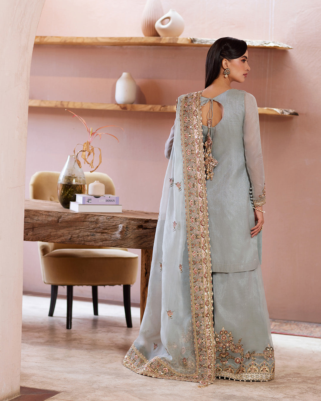Model Wearing Faiza Saqlain Zaafia Ice Blue Shirt with Flared Pants for wedding wear - Pakistani Designer Wear for Women in UK | Kifat