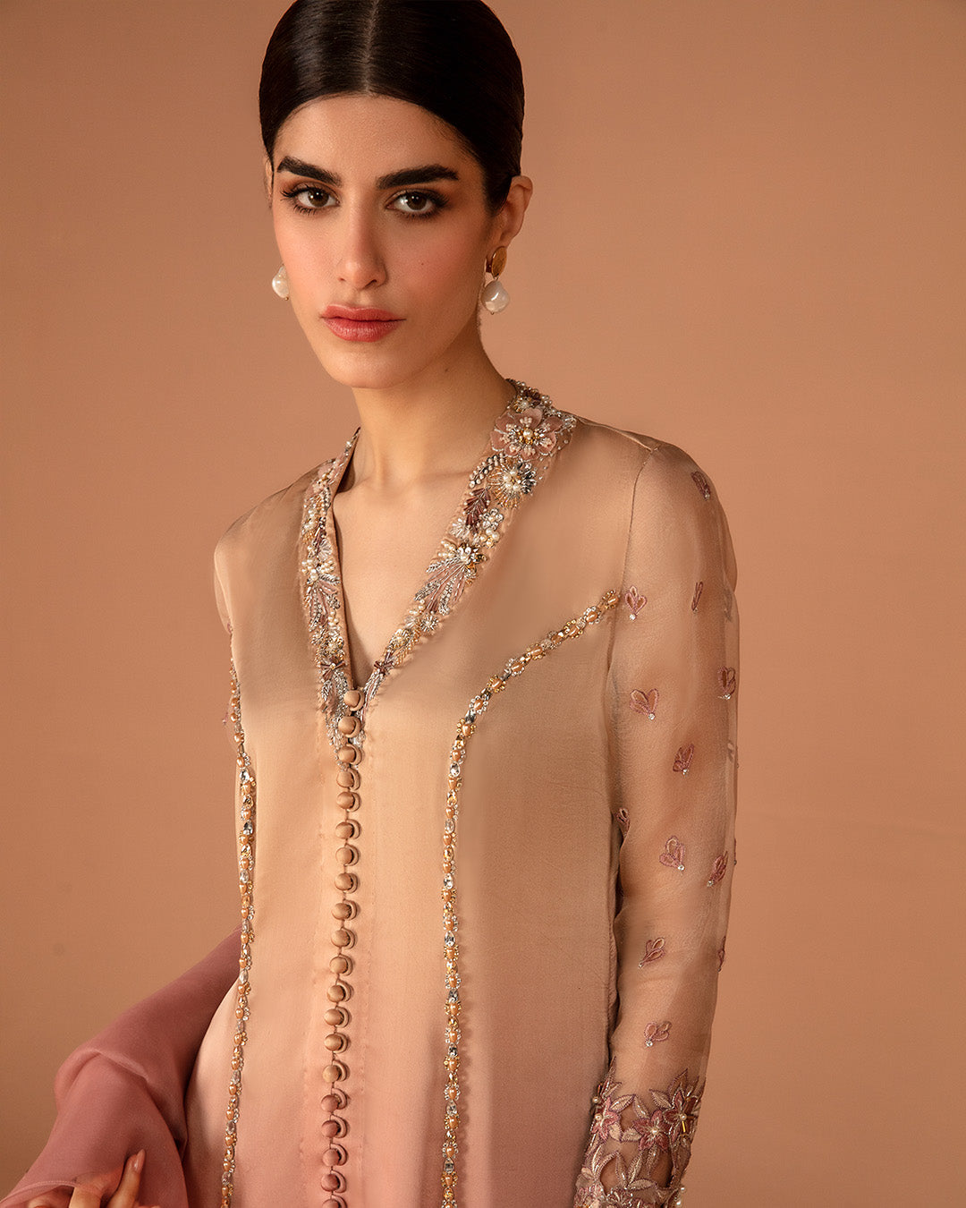 Model Wearing Faiza Saqlain Eshe Ombre Shirt with Culottes for formal events wear - Pakistani Designer Wear for Women in UK | Kifat