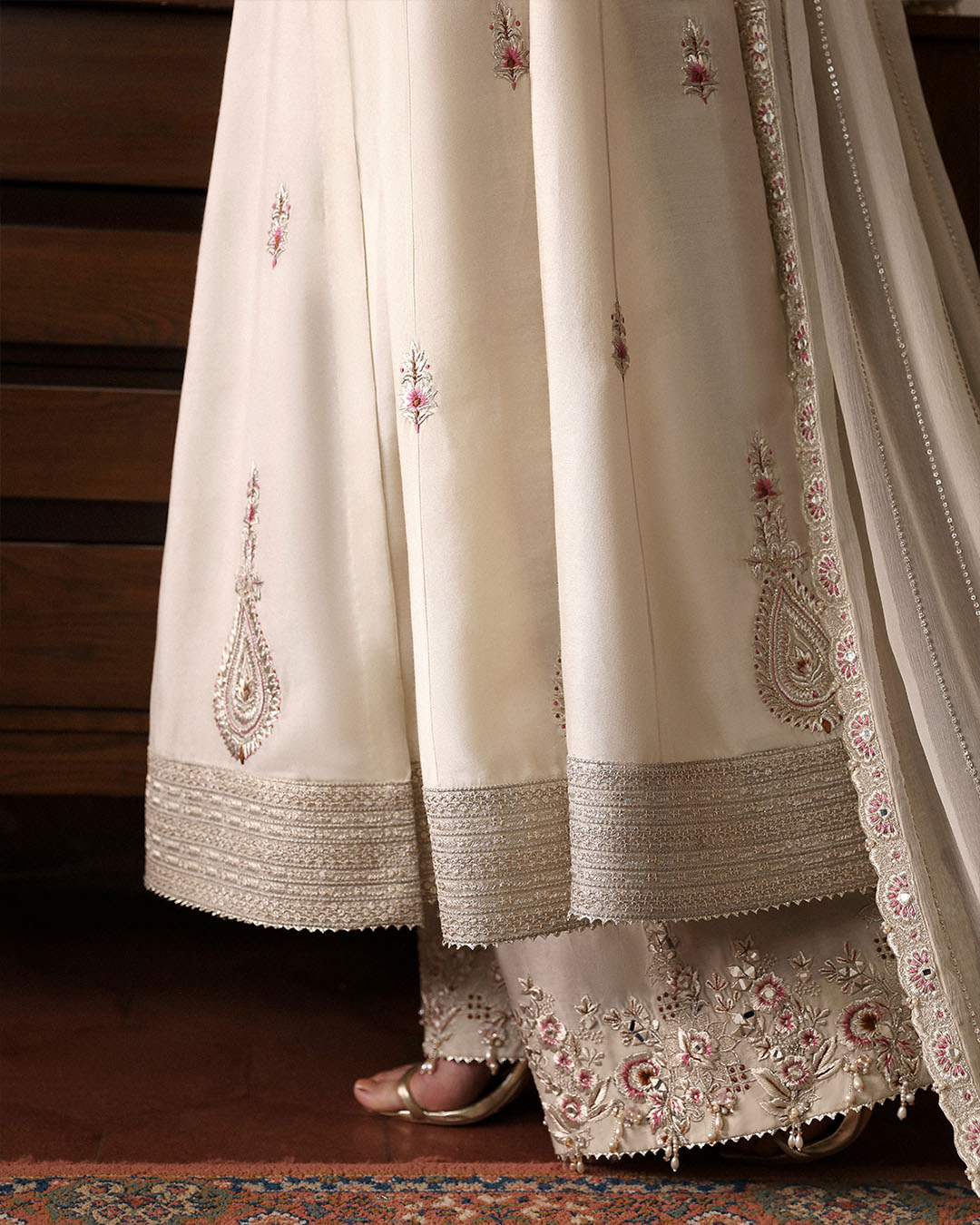 Model Wearing Faiza Saqlain Sabina Ivory Shirt with Culottes for formal events wear - Pakistani Designer Wear for Women in UK | Kifat