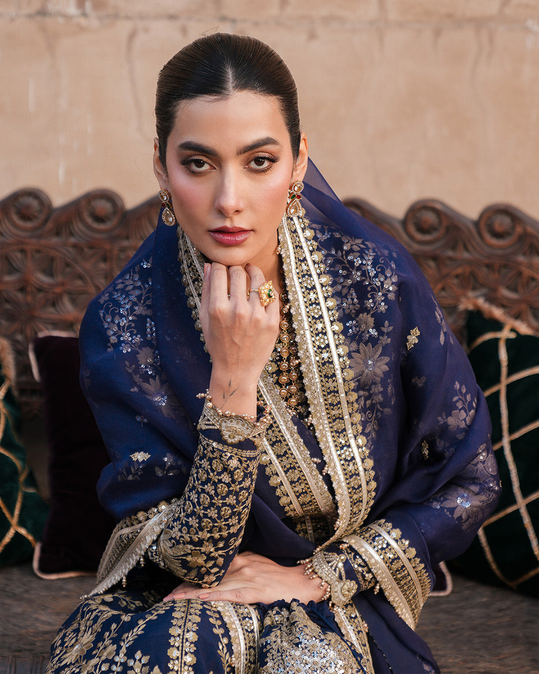 Model Wearing Faiza Saqlain Ayska Navy Blue Shirt with Sharara for formal events wear - Pakistani Designer Wear for Women in UK | Kifat