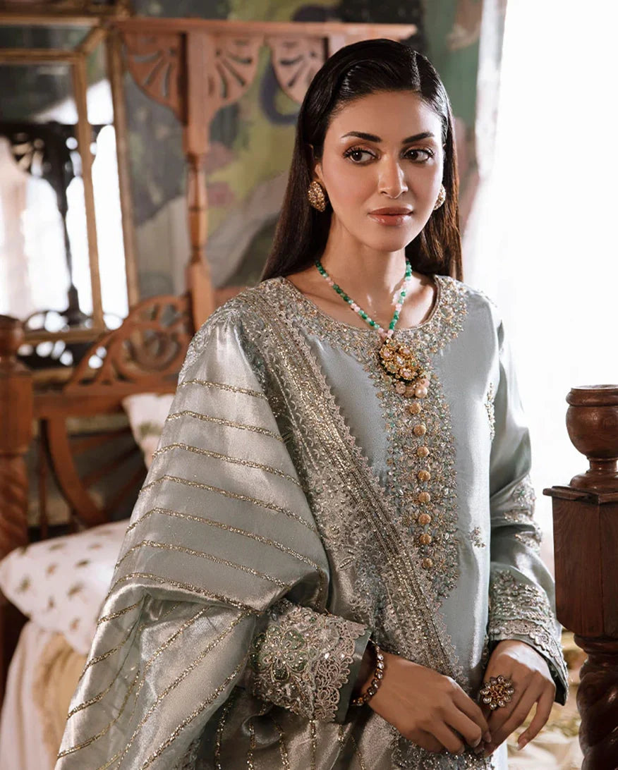 Women Wearing Heer Sea Green Silver Long Shirt for Formal Events - Pakistani Designer Wear for Women in UK | Kifat