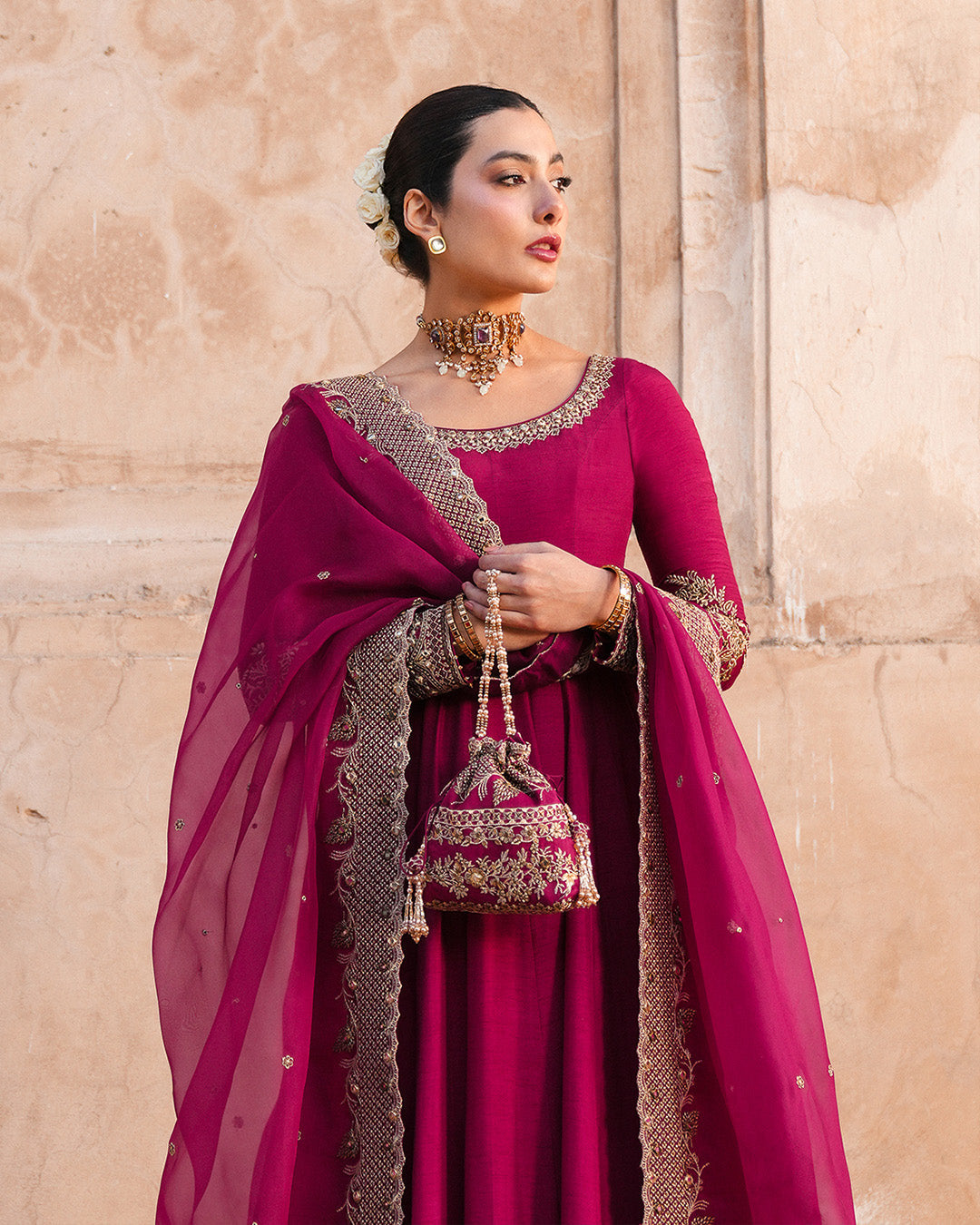 Model Wearing Faiza Saqlain Cassia Vivid Burgundy Pishwas with Churidar for wedding wear - Pakistani Designer Wear for Women in UK | Kifat