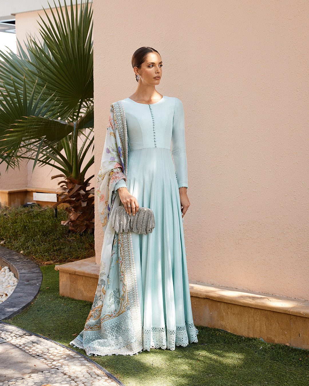 Model Wearing Faiza Saqlain Latissa Ice Blue Pishwas with Churidar for Ladies wear - Pakistani Designer Wear for Women in UK | Kifat