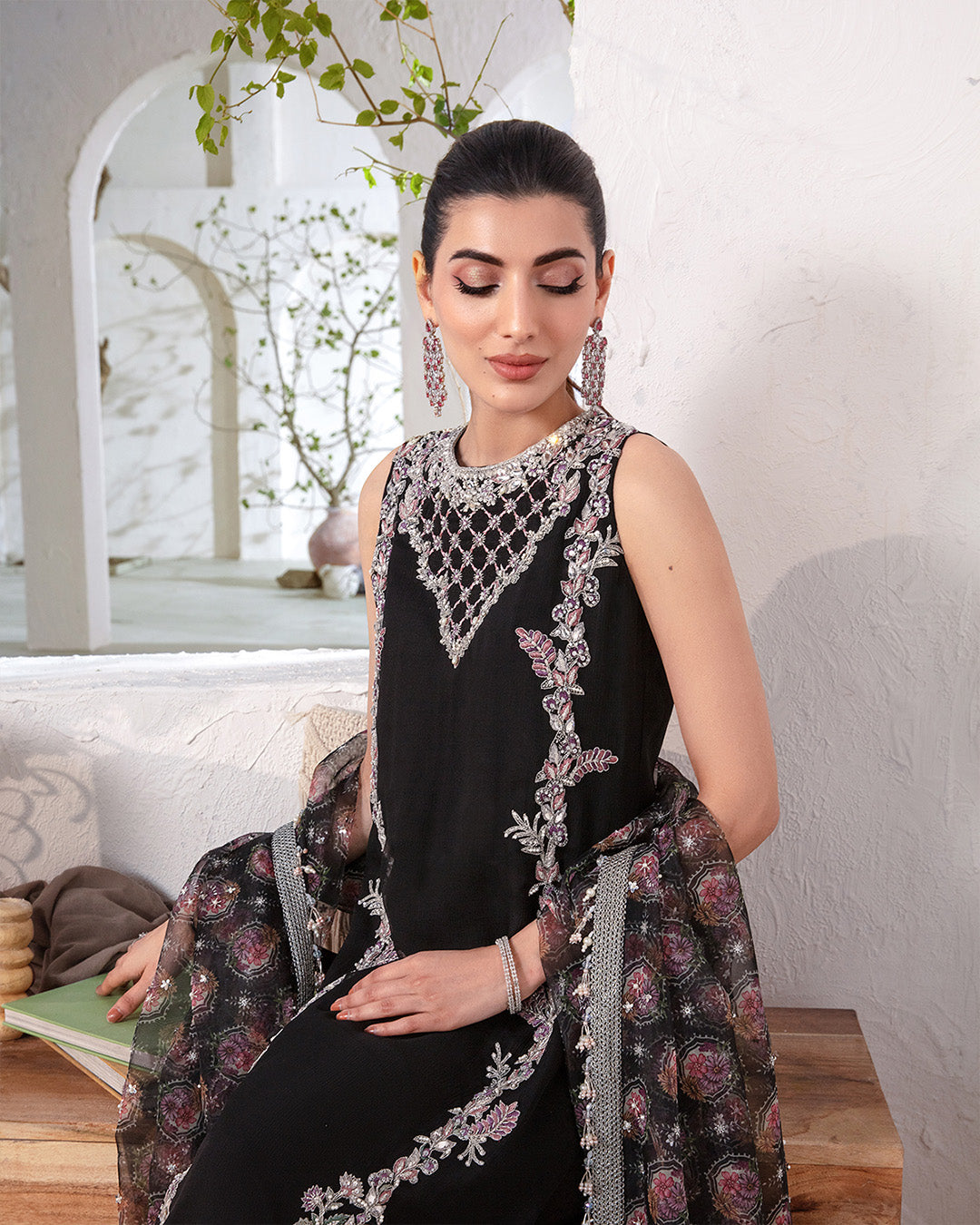 Model Wearing Faiza Saqlain Cherine Black Shirt with Culottes for formal events wear - Pakistani Designer Wear for Women in UK | Kifat