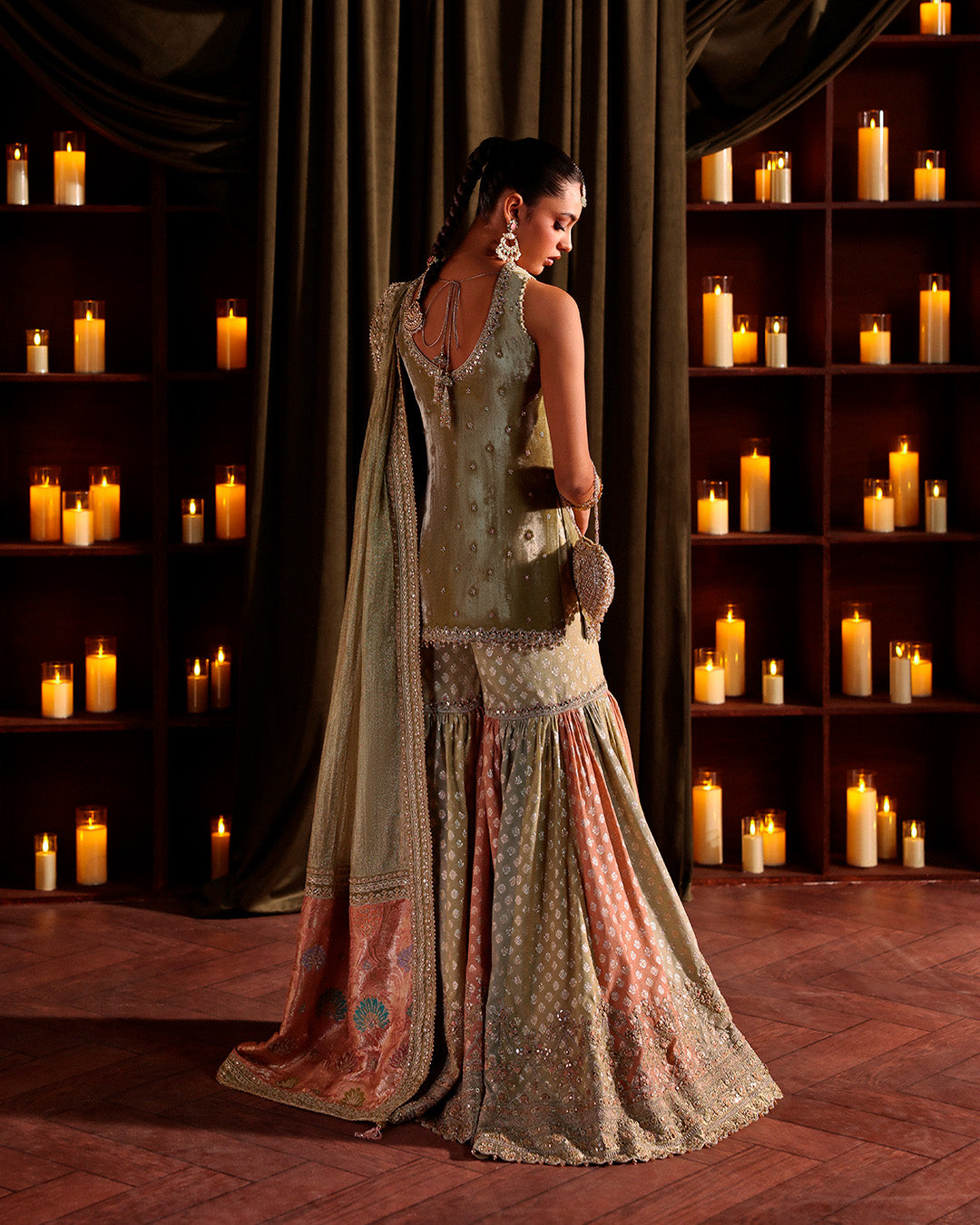 Model Wearing Faiza Saqlain Zerra Muted Olive Green Shirt with Gharara for wedding wear - Pakistani Designer Wear for Women in UK | Kifat