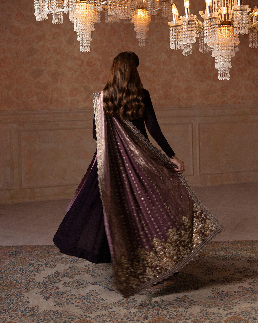 Model Wearing Faiza Saqlain Erna Aubergine Shirt with Culottes for formal events wear - Pakistani Designer Wear for Women in UK | Kifat