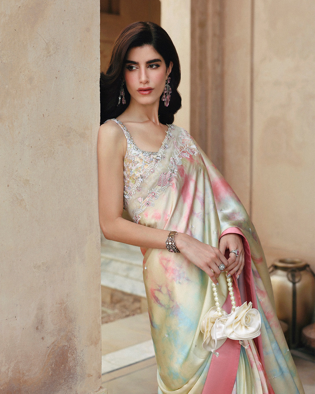 Model Wearing Faiza Saqlain Kalara Multi Tie-and-Dye Saree for wedding wear - Pakistani Designer Wear for Women in UK | Kifat