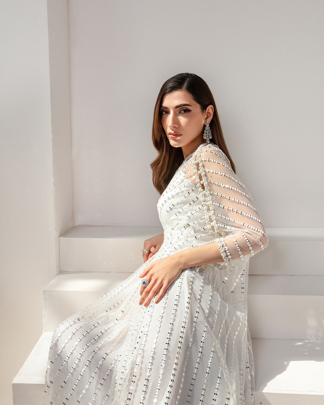 Model Wearing Faiza Saqlain Ariella White Kaftan for formal events wear - Pakistani Designer Wear for Women in UK | Kifat