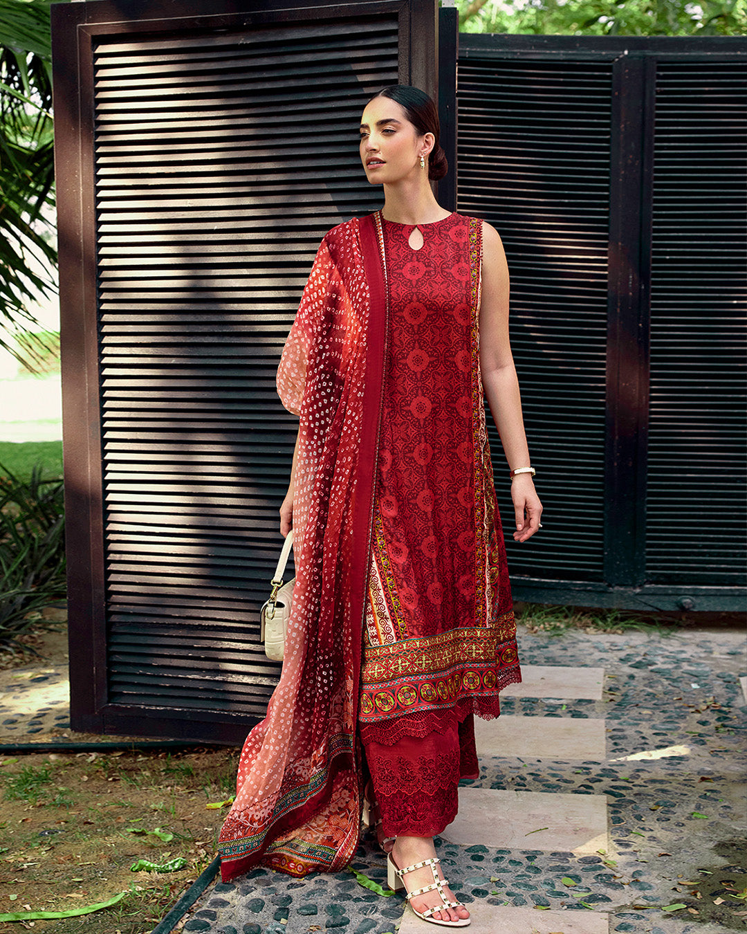 Model Wearing Faiza Saqlain Gloriana Red Shirt with Churidar for Ladies wear - Pakistani Designer Wear for Women in UK | Kifat