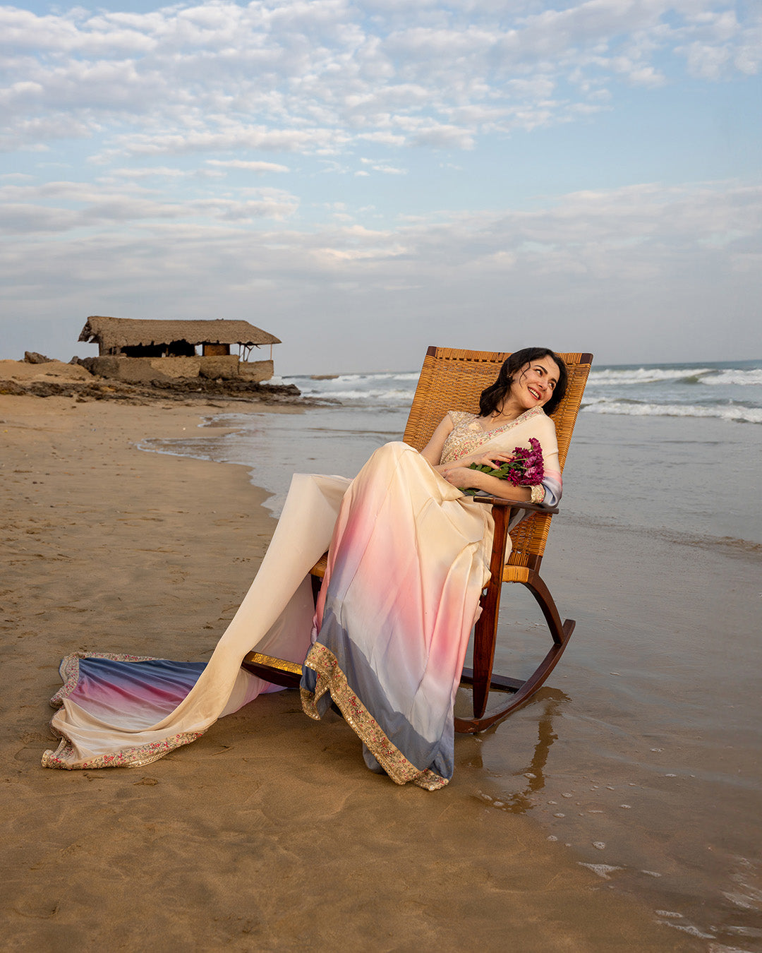 Model Wearing Faiza Saqlain Lena Cream and Ombre Saree for Ladies wear - Pakistani Designer Wear for Women in UK | Kifat