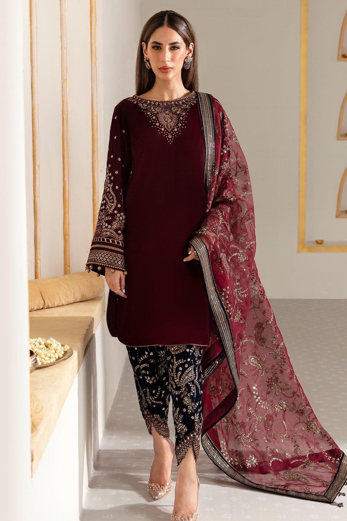 Women Wearing Embroidered Velvet Formal VF-2017 Maroon Short Shirt for Wedding Events - Pakistani Designer Wear for Women in UK | Kifat