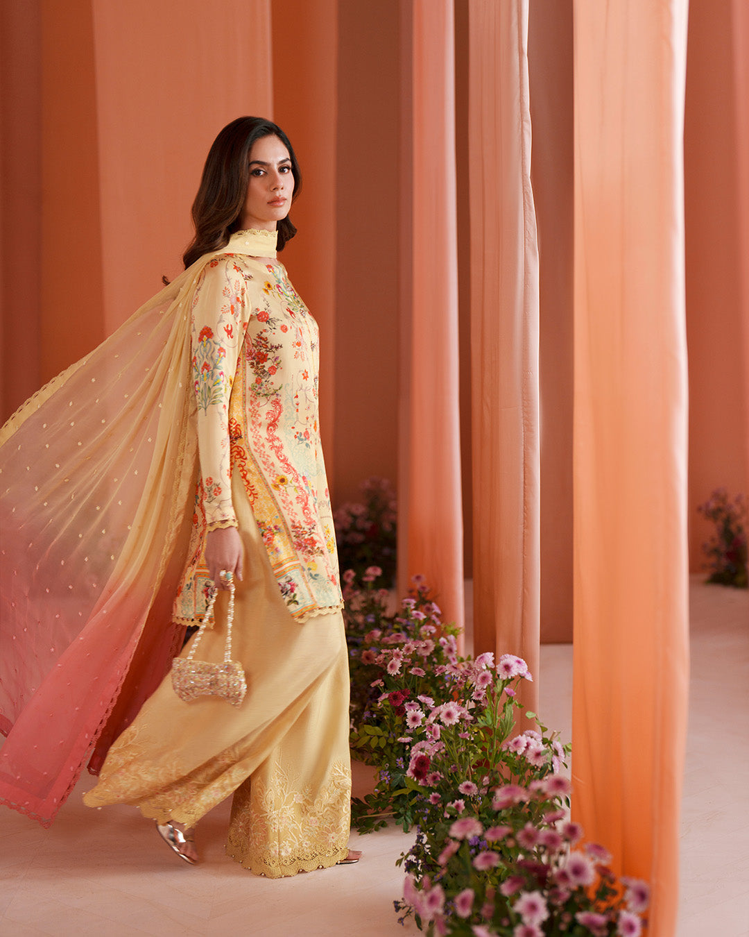 Women Wearing Resal Yellow Shirt with Flared Pants for Luxury Events - Pakistani Designer Wear for Women in UK | Kifat