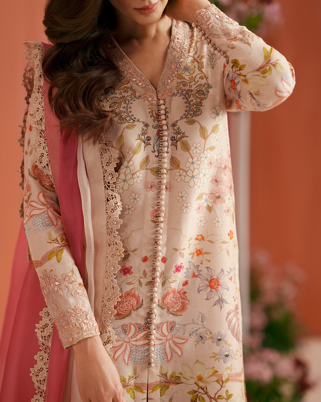 Women Wearing Nermin Nude Beige and Dusty Rose Shirt with Flared Pants for Luxury Events - Pakistani Designer Wear for Women in UK | Kifat