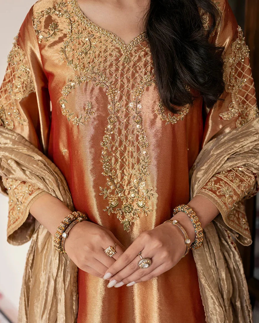 Women Wearing Gul Golden Long Shirt for Formal Events - Pakistani Designer Wear for Women in UK | Kifat