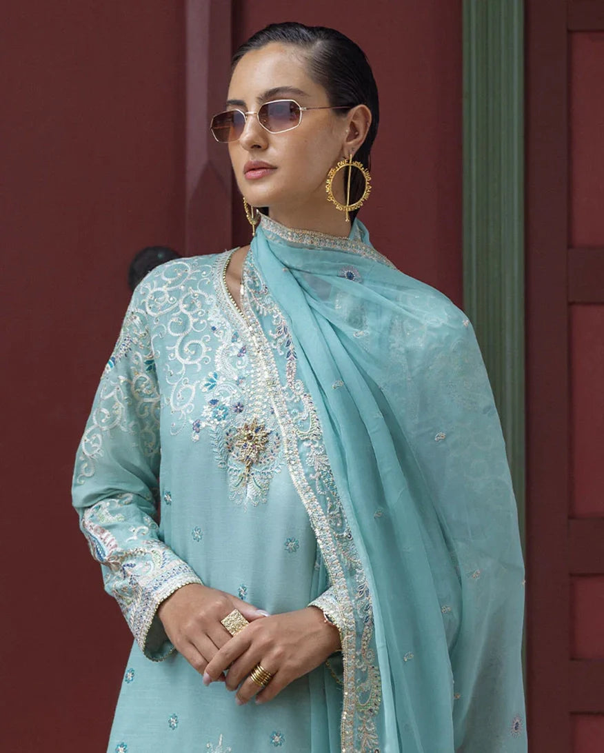 Women Wearing Freyelle Light Blue Long Shirt for Festive Events - Pakistani Designer Wear for Women in UK | Kifat