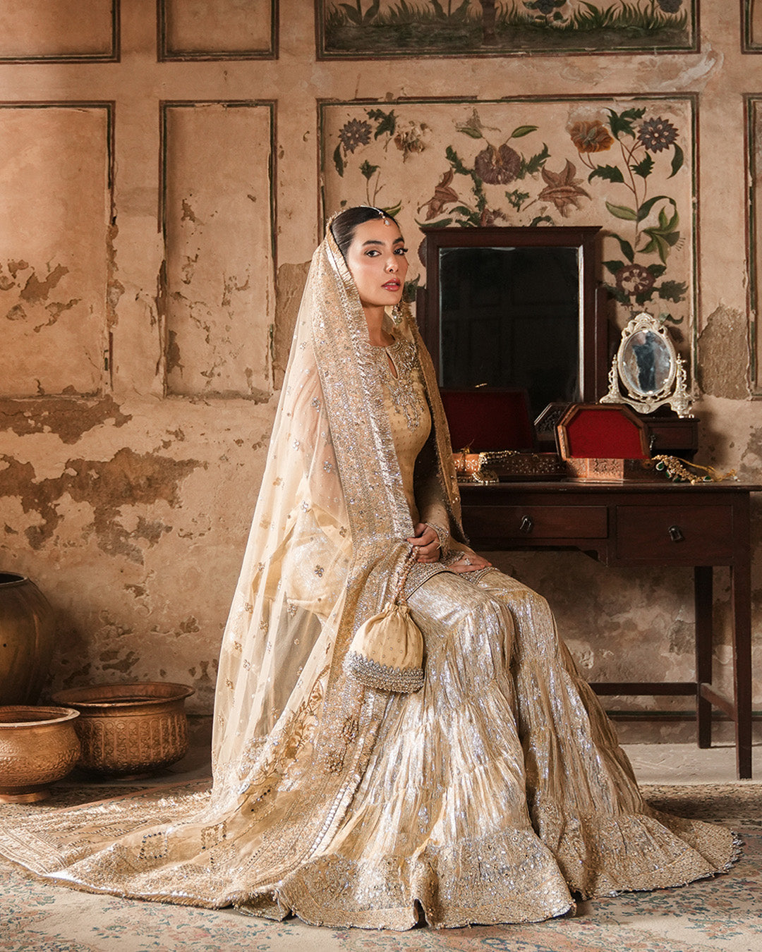 Model Wearing Faiza Saqlain Camillie Gold Shirt with Gharara for wedding wear - Pakistani Designer Wear for Women in UK | Kifat