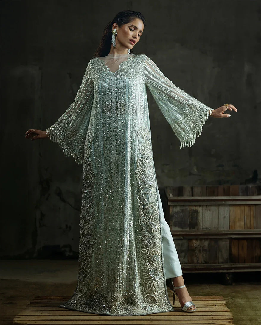 Women Wearing Cardamine Aqua Long Shirt for Wedding Events - Pakistani Designer Wear for Women in UK | Kifat