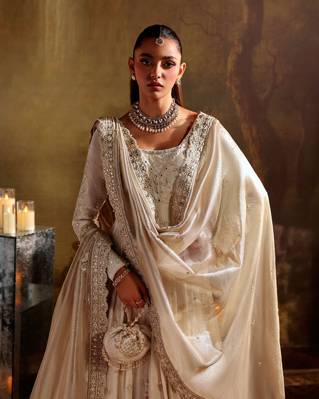 Model Wearing Faiza Saqlain Catia Off White Pishwas for wedding wear - Pakistani Designer Wear for Women in UK | Kifat