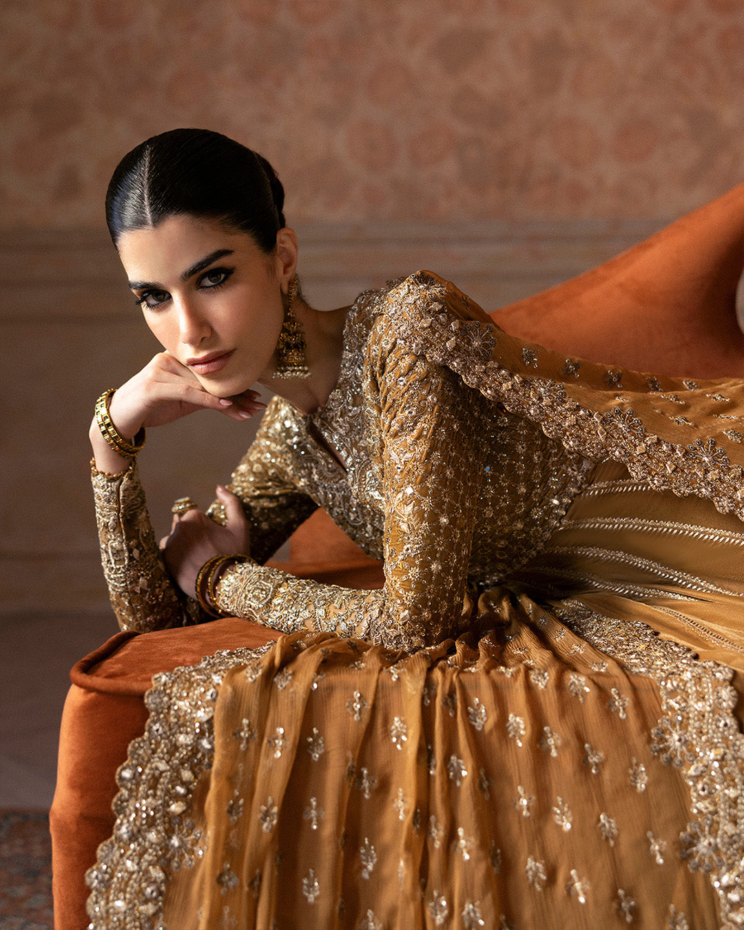 Model Wearing Faiza Saqlain Ermina Mustard Pishwas with Churidaar for wedding wear - Pakistani Designer Wear for Women in UK | Kifat