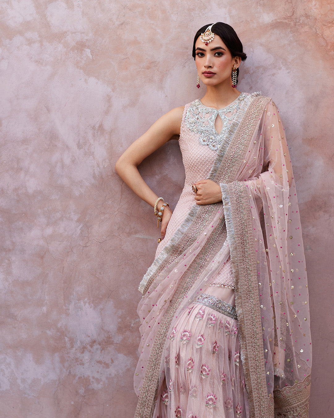 Model Wearing Faiza Saqlain Eilees Powder Pink Shirt with Gharara for wedding wear - Pakistani Designer Wear for Women in UK | Kifat