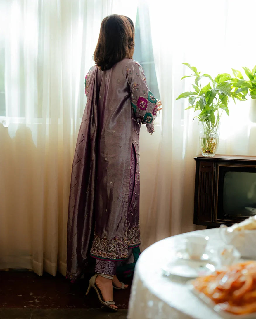 Women Wearing Aaidah Lavender Long Shirt for Formal Events - Pakistani Designer Wear for Women in UK | Kifat