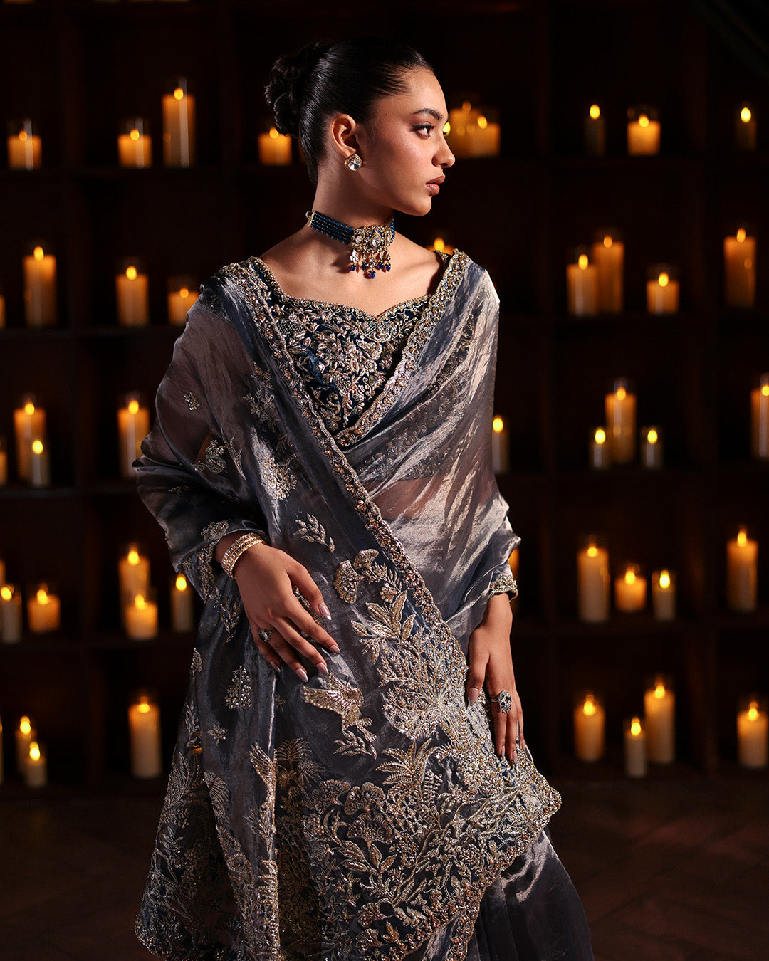 Model Wearing Faiza Saqlain Lenita steel blue hue Saree for wedding wear - Pakistani Designer Wear for Women in UK | Kifat