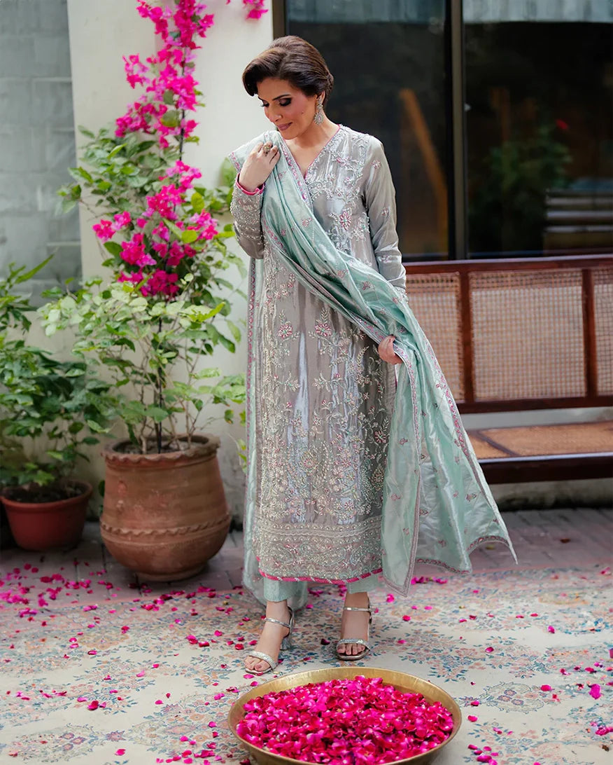 Women Wearing Resham Silver Long Shirt for Formal Events - Pakistani Designer Wear for Women in UK | Kifat
