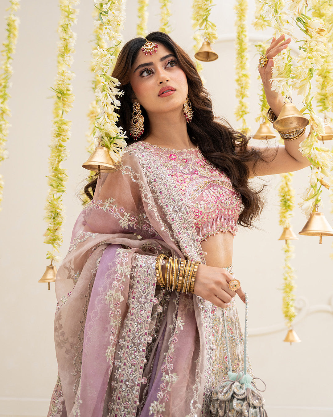 Model Wearing Faiza Saqlain Suzan Multicolor Blouse with Lehnga for wedding wear - Pakistani Designer Wear for Women in UK | Kifat
