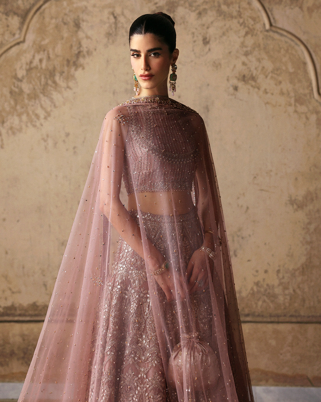 Model Wearing Faiza Saqlain Prenia Dusty Rose Lehnga Choli for wedding wear - Pakistani Designer Wear for Women in UK | Kifat