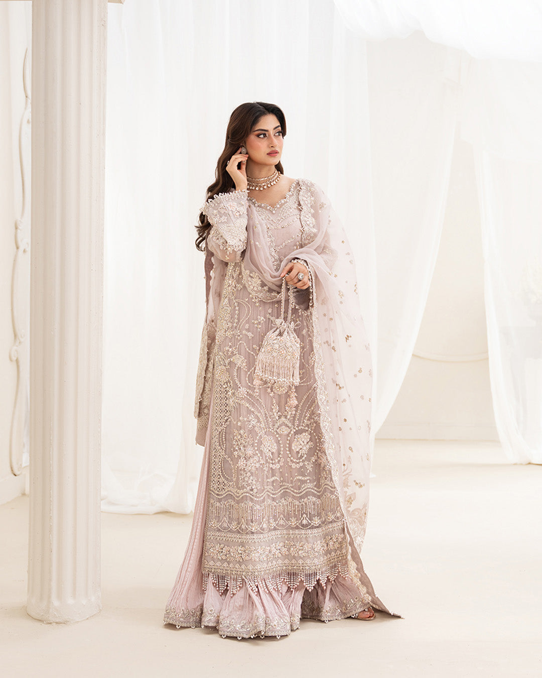 Model Wearing Faiza Saqlain Ela Dusty Rose Shirt with Trouser for formal events wear - Pakistani Designer Wear for Women in UK | Kifat