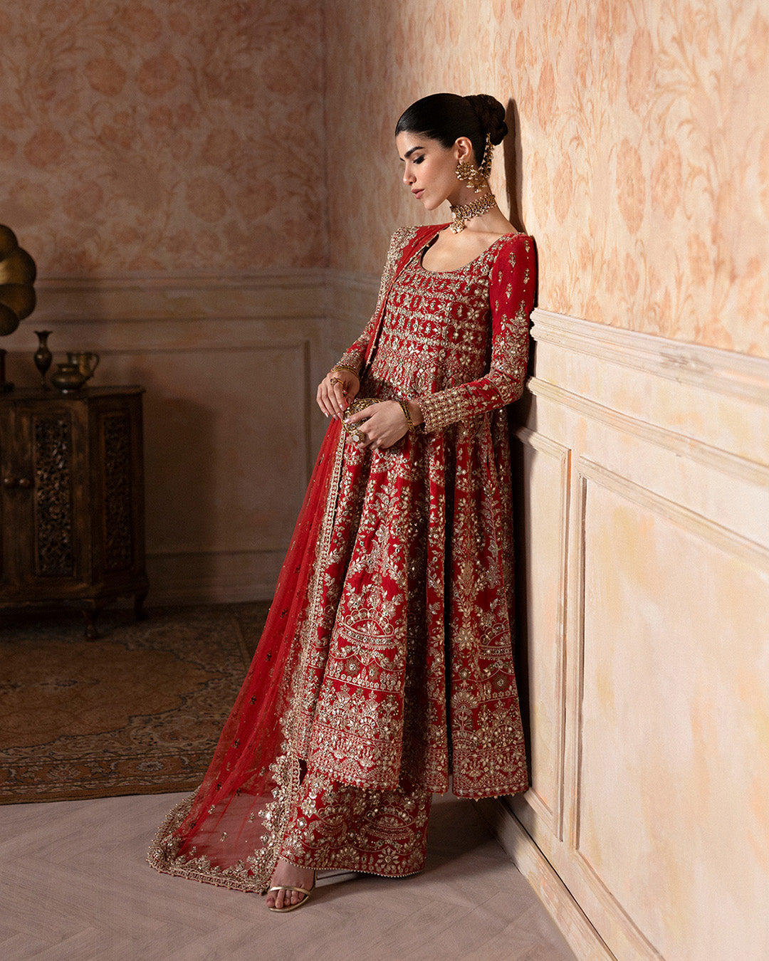 Model Wearing Faiza Saqlain Savina Coral Red Shirt with Culottes for wedding wear - Pakistani Designer Wear for Women in UK | Kifat