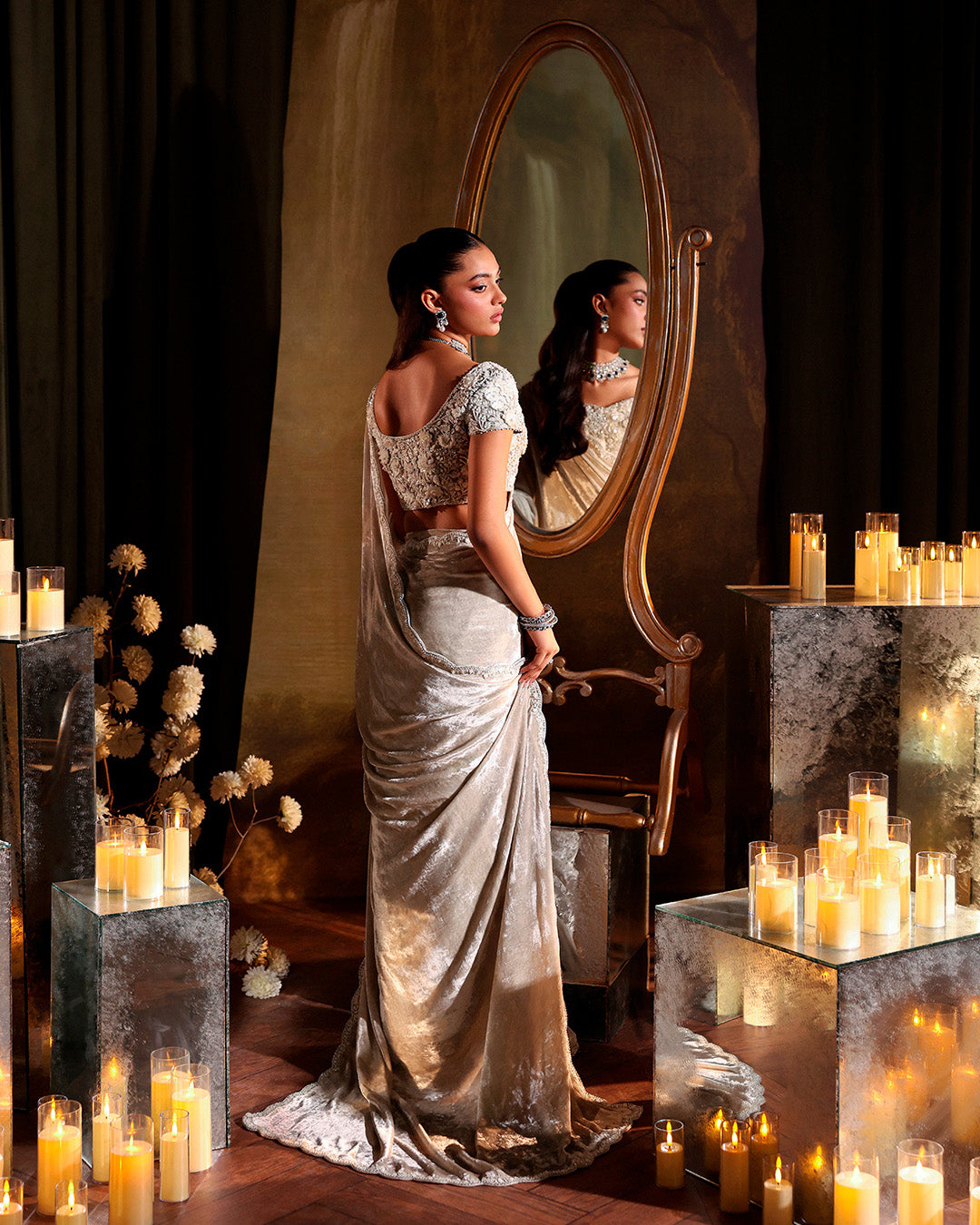Model Wearing Faiza Saqlain Zahavah Soft Oyster Saree for wedding wear - Pakistani Designer Wear for Women in UK | Kifat