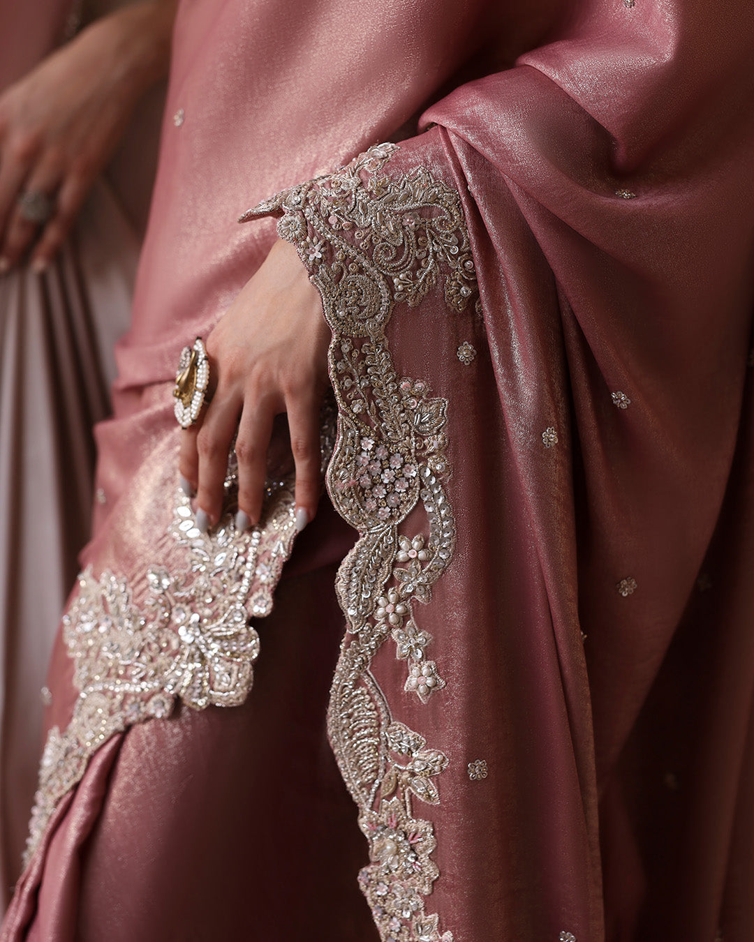 Model Wearing Faiza Saqlain Jahari Dusty Pink Saree for wedding wear - Pakistani Designer Wear for Women in UK | Kifat