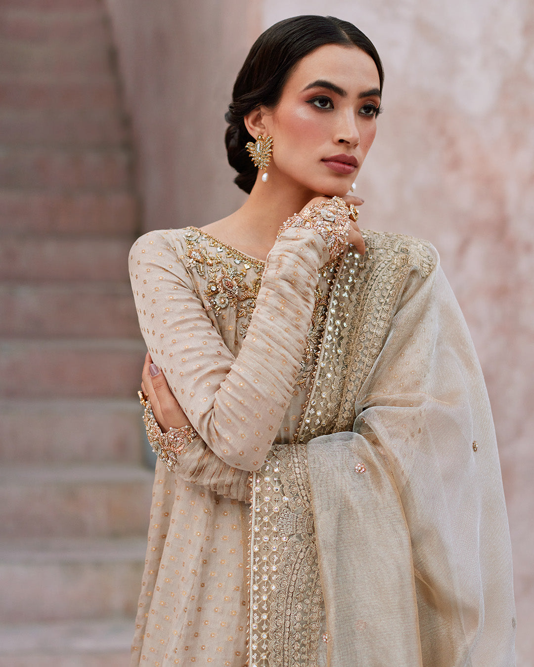 Model Wearing Faiza Saqlain Moira Ivory Gold Shirt with Culottes for wedding wear - Pakistani Designer Wear for Women in UK | Kifat