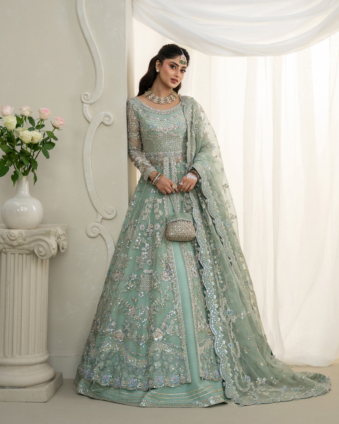 Model Wearing Faiza Saqlain Selin Mint Green Shirt with Lehnga for wedding wear - Pakistani Designer Wear for Women in UK | Kifat