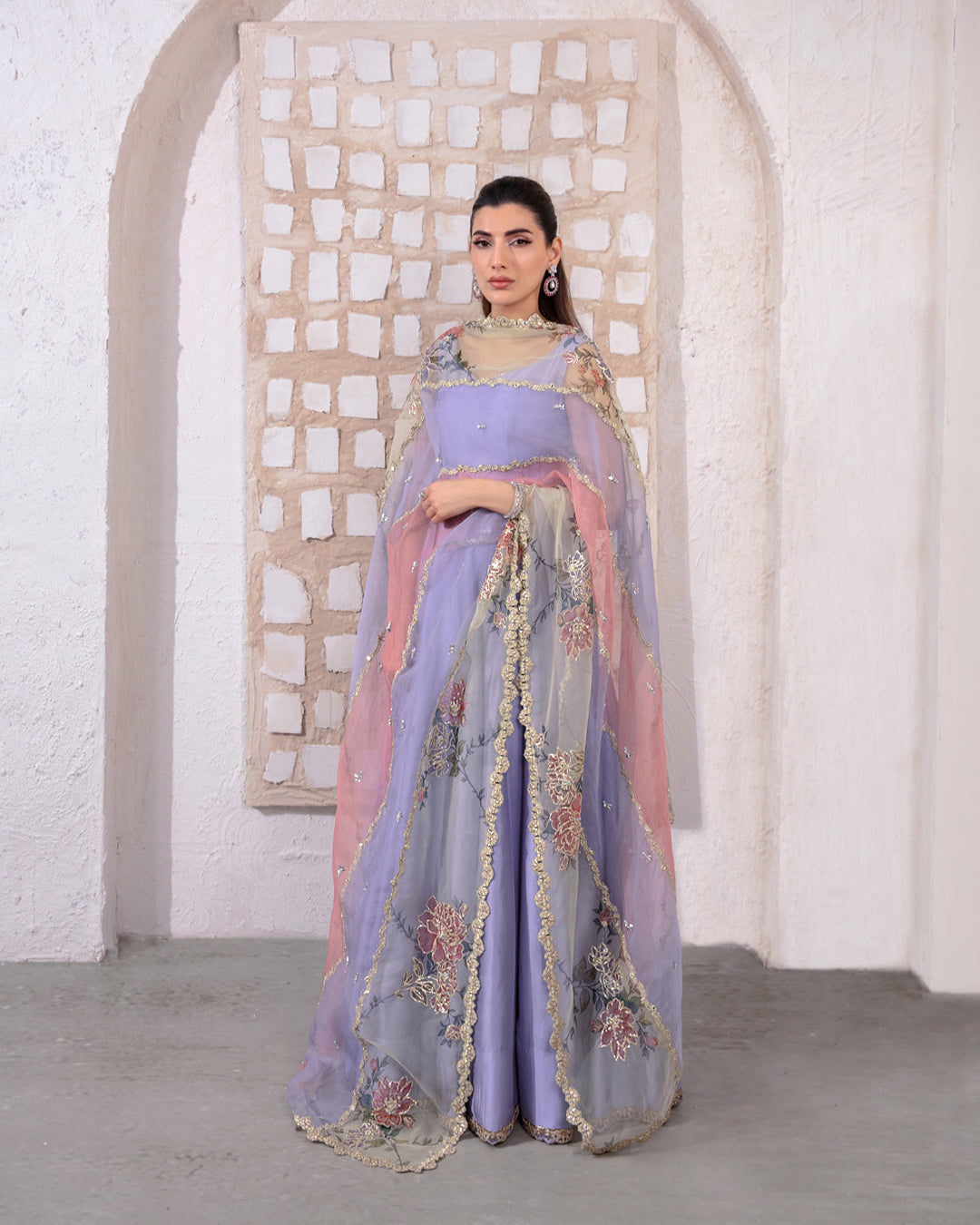 Model Wearing Faiza Saqlain Keva Lilac Pishwas for wedding wear - Pakistani Designer Wear for Women in UK | Kifat