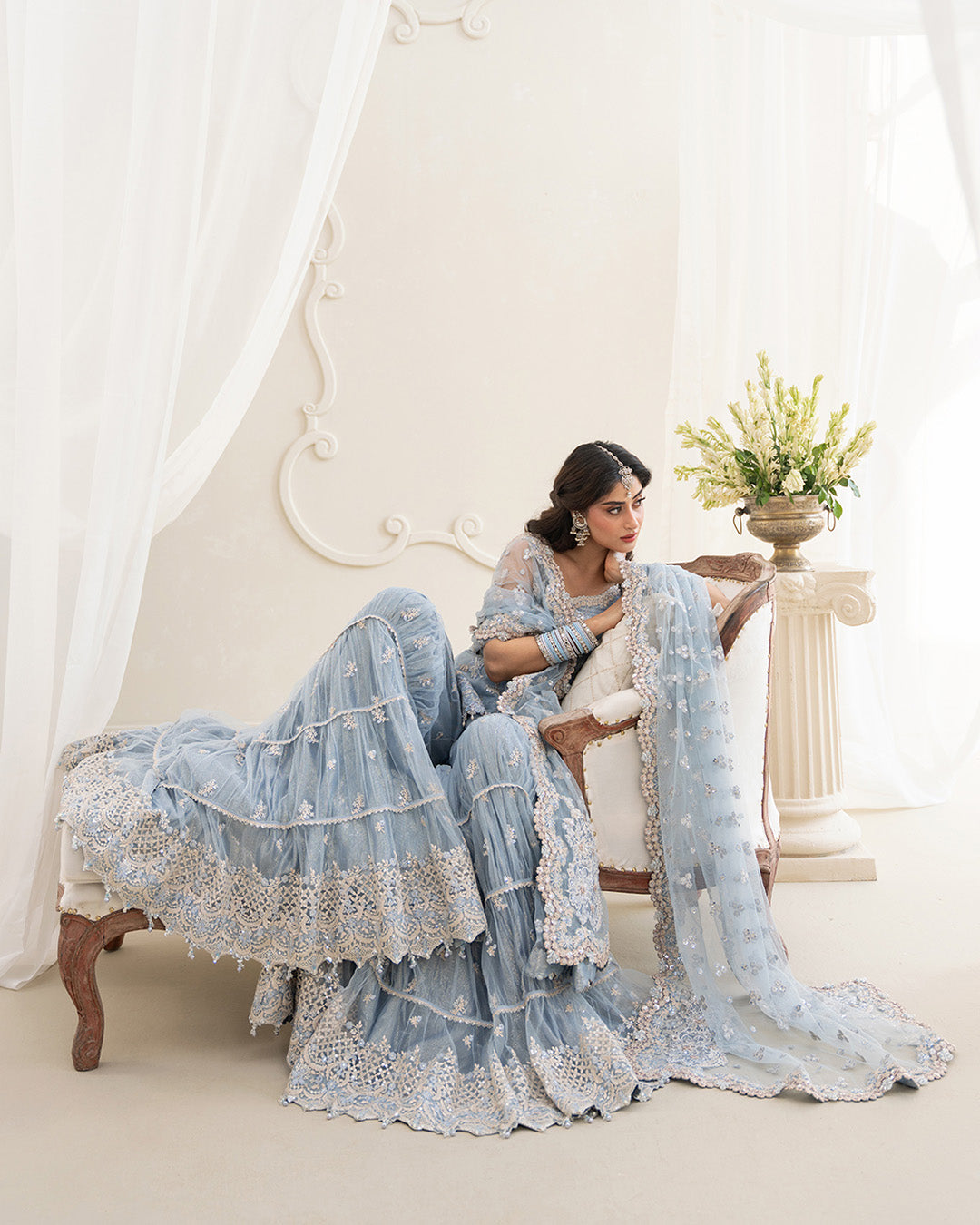 Model Wearing Faiza Saqlain Oya Ice Blue Shirt with Gharara for wedding wear - Pakistani Designer Wear for Women in UK | Kifat