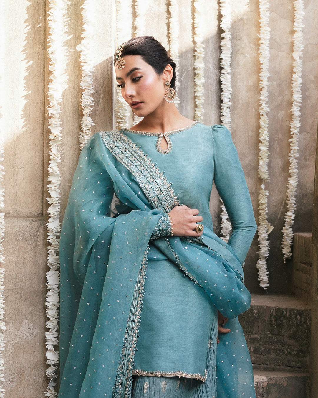 Model Wearing Faiza Saqlain Tisha Cadet Blue Shirt with Sharara for wedding wear - Pakistani Designer Wear for Women in UK | Kifat