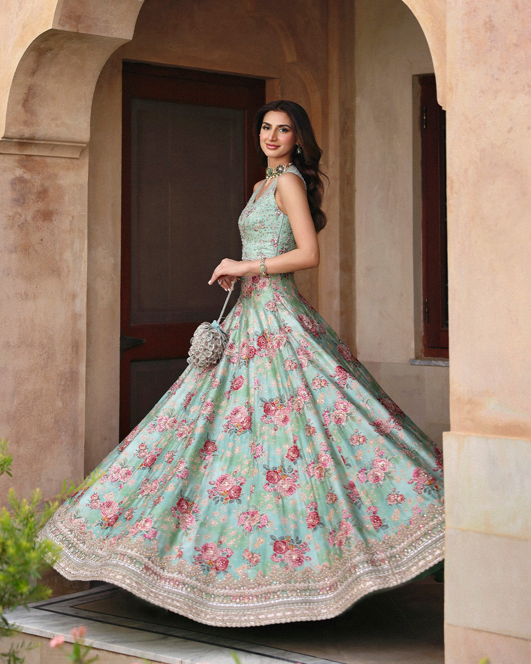 Model Wearing Faiza Saqlain Rosabelle Sea Green Lehnga Choli for wedding wear - Pakistani Designer Wear for Women in UK | Kifat