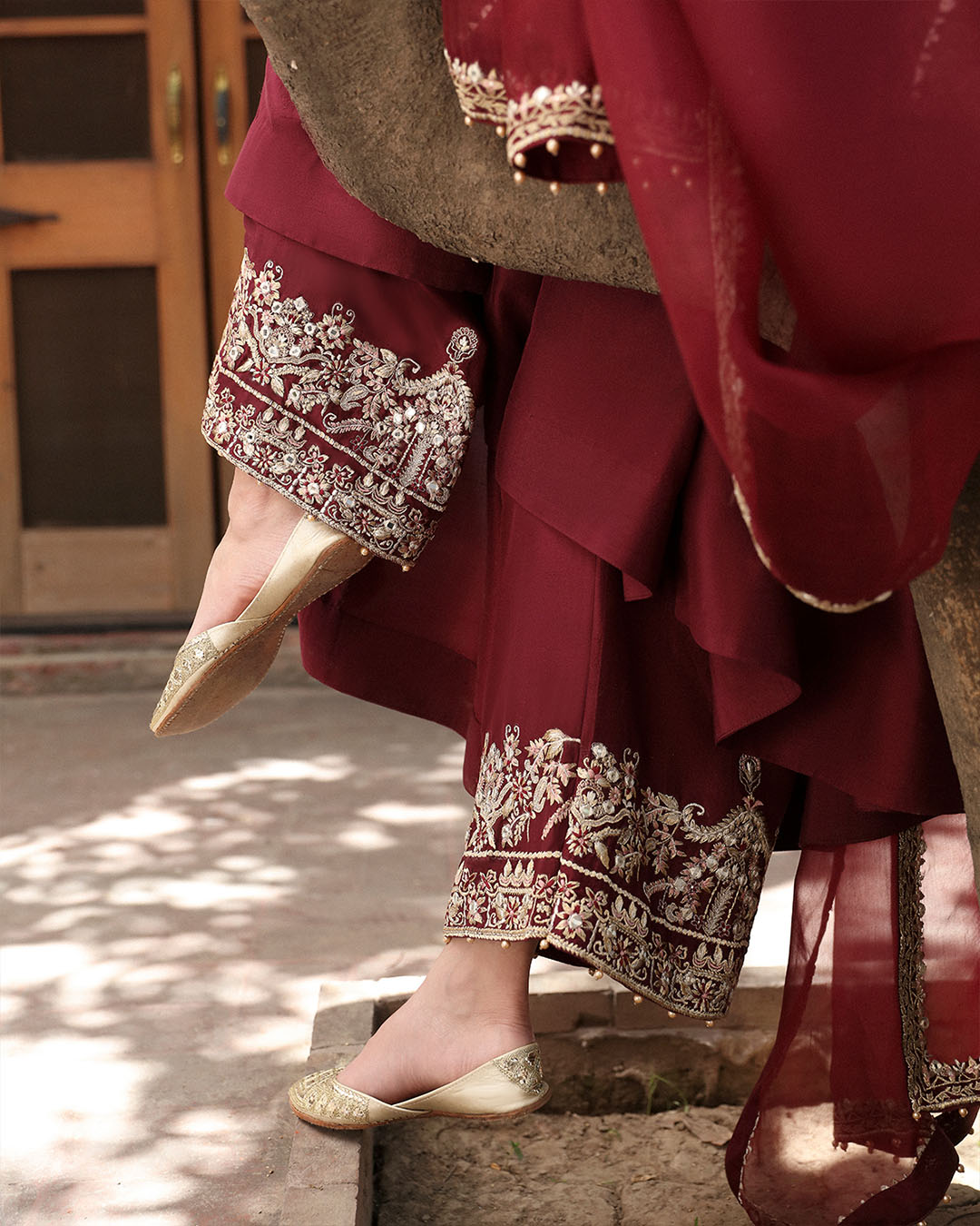 Model Wearing Faiza Saqlain Norine Maroon Shirt with Culottes for formal events wear - Pakistani Designer Wear for Women in UK | Kifat