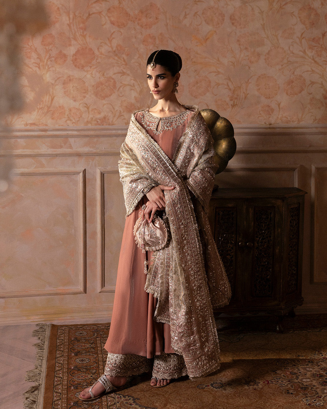 Model Wearing Faiza Saqlain Averna Tea Pink Kalidaar with Culottes for wedding wear - Pakistani Designer Wear for Women in UK | Kifat