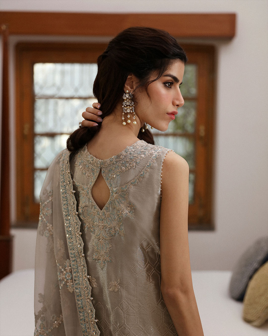 Model Wearing Faiza Saqlain Damaris Light Stone Gray Shirt with Trouser for formal events wear - Pakistani Designer Wear for Women in UK | Kifat