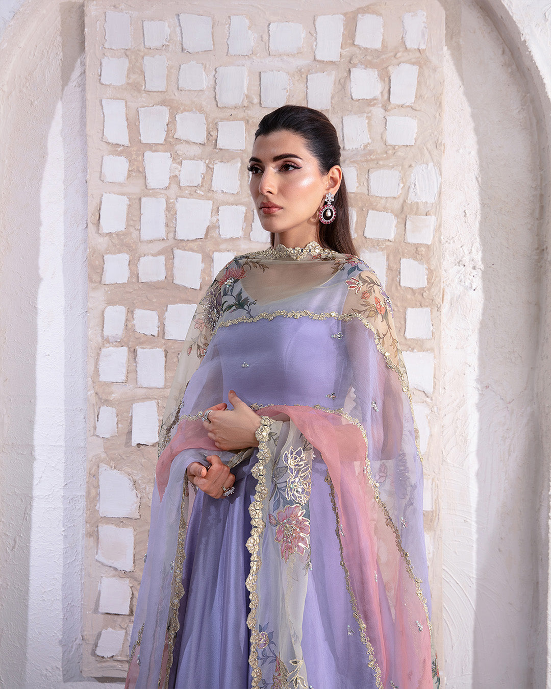 Model Wearing Faiza Saqlain Keva Lilac Pishwas for wedding wear - Pakistani Designer Wear for Women in UK | Kifat